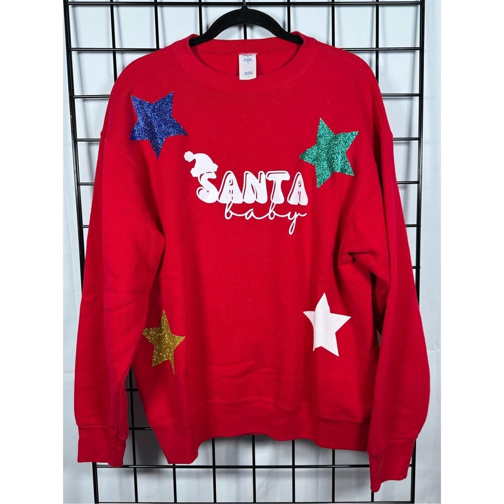 Custom Made Santa Baby Christmas Sweatshirt Womens L Red Glitter Stars Festive‎